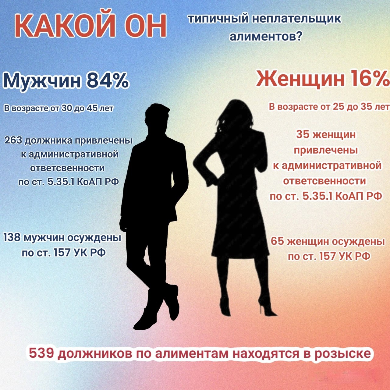 Судебные приставы Тамбовской области составили портрет должника по алиментам Подавляющее большинство должников по алиментам — мужчины, они составляют 84 % от общего числа алиментщиков, на долю женщин приходятся оставшиеся 16 %. Среднестатистический должник по алиментам в Тамбовской области — это мужчина в возрасте от 30 до 45 лет, ведущий асоциальный образ жизни. Более 30 % мужчин-алиментщиков не работают, что увеличивает сумму задолженности по исполнительным производствам, около 50 % должников имеют официальный источник дохода и осуществляют ежемесячные выплаты добровольно. Наибольшее число должников по алиментам живут в Мичуринске, а также Октябрьском районе Тамбова. Меньше всего алиментщиков в посёлке Мордово Тамбовской области. Сейчас 539 должников, уклоняющихся от уплаты алиментов, находятся в розыске.