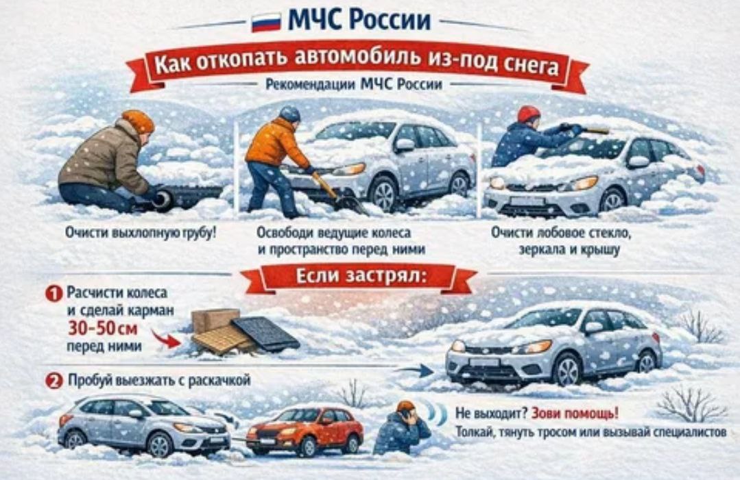 МЧС России опубликовало инструкцию по откапыванию автомобиля из под снега   Выхлопную трубу в первую очередь Это вопрос жизни Пространство перед ведущими колесами по траектории движения а не вокруг Сами колеса освободи по бокам и снизу говорится в советах опубликованных