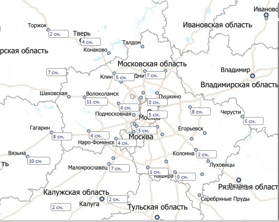 Снега в Москве и области становится все меньше. Утром 9 января на ВДНХ высота снежного покрова составила 5 см, за сутки она убавилась на 4 см. В МГУ высота снежного покрова 10 см, пока достаточно, чтобы кататься с Ленинских гор. В Подмосковье, в Волоколамске,  снега 11 см, а в Кашире, как видно на карте,  снежный покров сошел. К выходным, за счет дожей и тепла,  и Москва местами может лишиться  снежного покрова. Это будет не единичный случай. В текущем столетии в 2007 и 2011 году 9 января снега на ВДНХ не было.