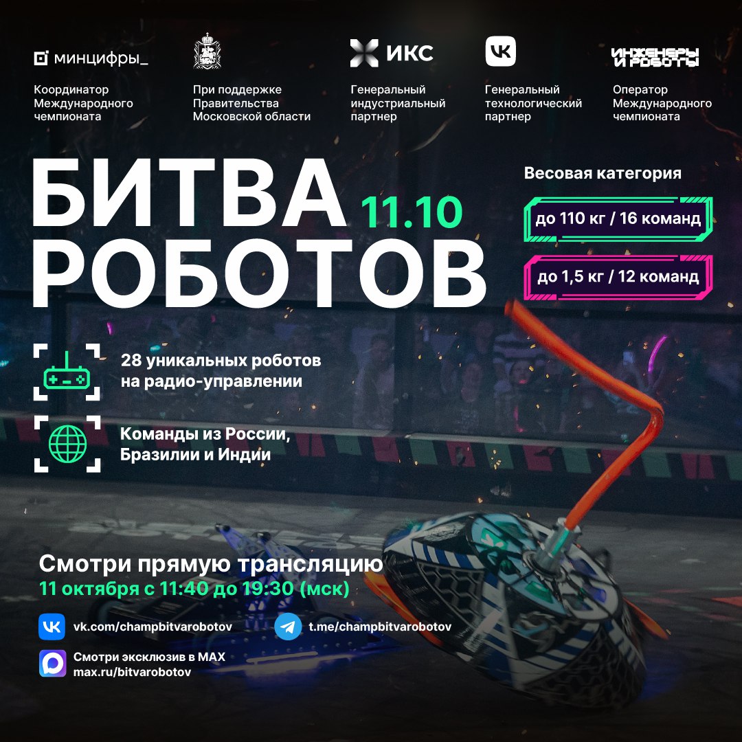 11 октября в парке Патриот в Московской области пройдет второй отборочный этап международного чемпионата Битва роботов Как сообщает Минцифры РФ в этом захватывающем событии примут участие 28 команд инженеров из 12 российских регионов а также представители Бразилии и Индии В программе мероприятия запланированы поединки с участием мощных машин в двух категориях до 110 кг и до 1 5 кг В числе участников будут 16 взрослых команд с роботами более тяжелого веса и 12 детских команд с легкими моделями Среди них можно встретить команды из таких учебных заведений как РТУ МИРЭА СПбГУТ им М А Бонч Бруевича Вавиловского университета и других Только 8 команд которые покажут лучшие результаты в двух турах смогут пройти в полуфинал Битва роботов это не просто соревнование а настоящее шоу где команды из разных стран управляют своими роботами на специально подготовленном ринге Первый этап текущего сезона состоялся 23 августа в Перми и в полуфинал вышли 8 команд Трансляция Чемпионата будет доступна по ссылке   vkvideo ru video 219465931 456240882