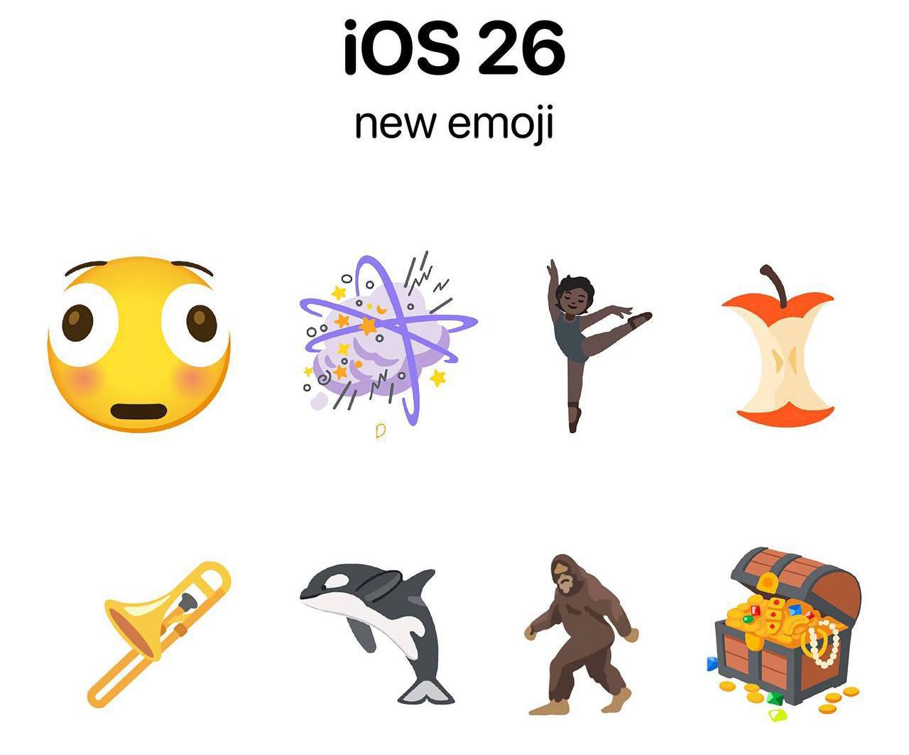 В iOS 26 подвезли новые эмодзи: напряжённое лицо, облако-драка, балерина капучино, огрызок от яблока, тромбон, косатка, йети и сундук с сокровищами    — офигенный завоз!    — бесполезные смайлики    Рифмы и Морген