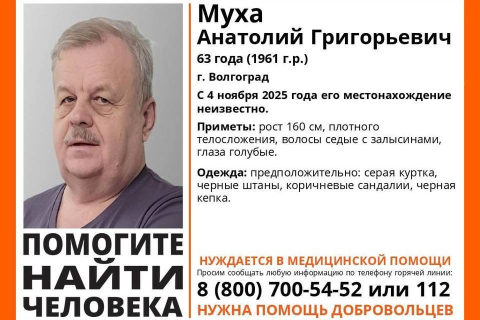В Волгограде ищут голубоглазого Анатолия Муху С 4 ноября о местонахождении мужчины ничего неизвестно В Волгоградской области волонтеры поисково спасательного отряда ЛизаАлерт ведут розыск бесследно исчезнувшего 63 летнего Анатолия Григорьевича Мухи Мужчина пропал 4 ноября 2025 года О его исчезновении родственники сообщили в полицию и добровольцам поискового отряда Известно что на вид ему около 60 65 лет рост 160 сантиметров у него плотное телосложение волосы с залысинами глаза голубые В день пропажи на мужчине были надеты серая куртка черные штаны коричневые сандалии черная кепка Всем кому что либо известно о местонахождении мужчины волонтеры просят сообщить инфоргу по телефону 89889707734 либо рассказать полиции