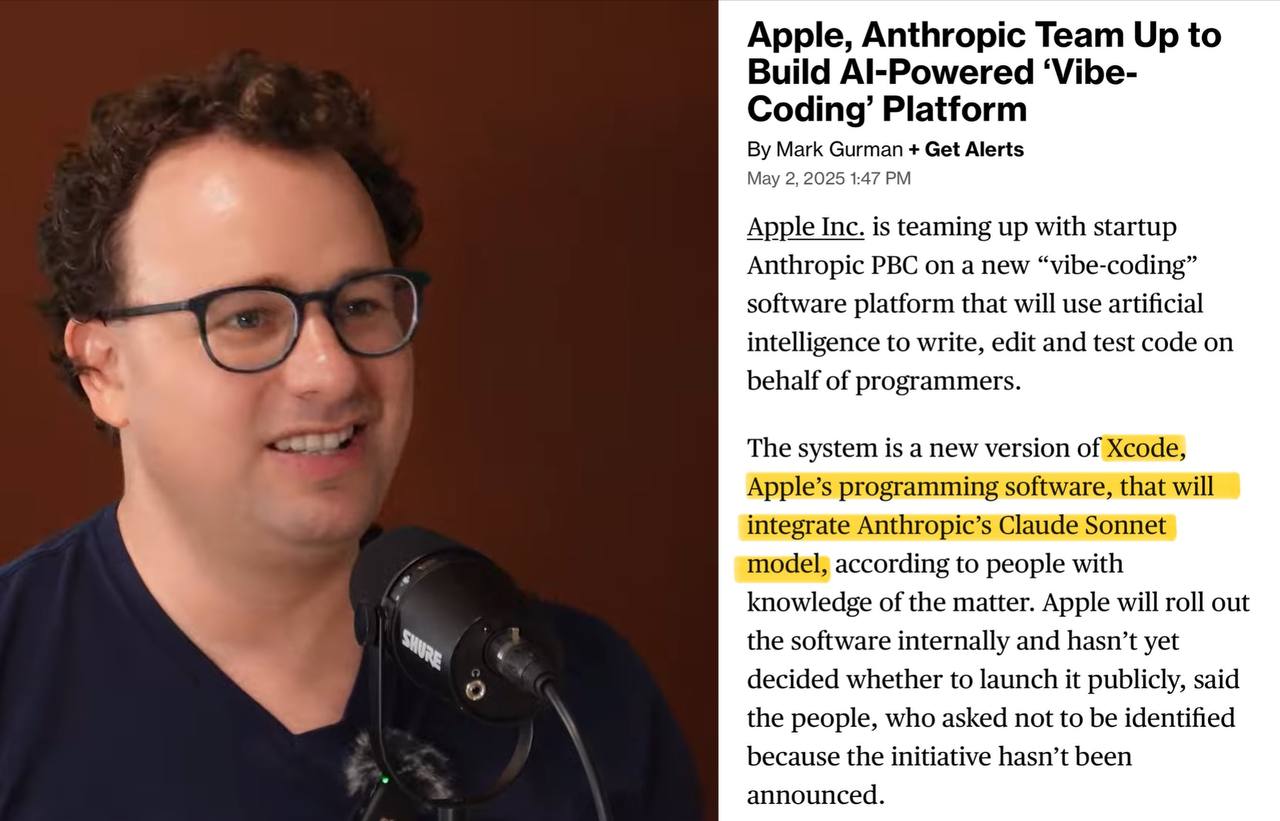 Apple вместе с Anthropic работает над вайбкодинг-платформой По факту это будет большой апдейт XCode. Пока он внедряется внутри Apple, и решение о публичном релизе ещё не принято. - Гениально.... Следи за новостями - VA-PC CODE Наш основной канал