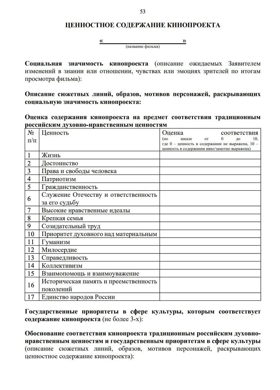 В документации Фонда кино обнаружили список из 17 духовно нравственных ценностей которые должны содержаться во всех фильмах претендующих на господдержку Анкету обязаны заполнять авторы заявок указывая соответствие содержания картины каждому из критериев по шкале от одного до десяти баллов В документе отмечается что все сценарии должны проходить экспертную оценку качества в том числе на предмет продвижения и защиты традиционных российских ценностей среди которых приоритетными являются деятельный патриотизм единство народов России и межконфессиональный мир поддержка специальной военной операции   Подписывайтесь на Расстригу