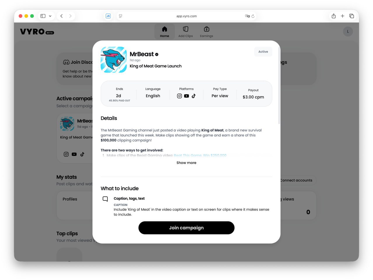 MrBeast запустил сервис Vyro пользователям предлагают зарабатывать на коротких нарезках из видео блогеров и стримеров Платить будут сами авторы Сейчас на платформе доступен один оффер от самого Джимми Если сделаете виральный ролик с ним заплатит 3000 за каждый 1 млн просмотров Публиковаться можно в Instagram YouTube и TikTok Зарплата за брейнрот наконец то Принадлежит запрещенной в РФ Meta