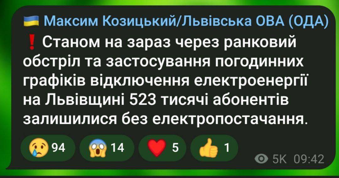 Во Львовской области 523 тысячи абонентов остались без электроснабжения из-за утренних обстрелов и применения почасовых графиков отключения электроэнергии, — ОВА