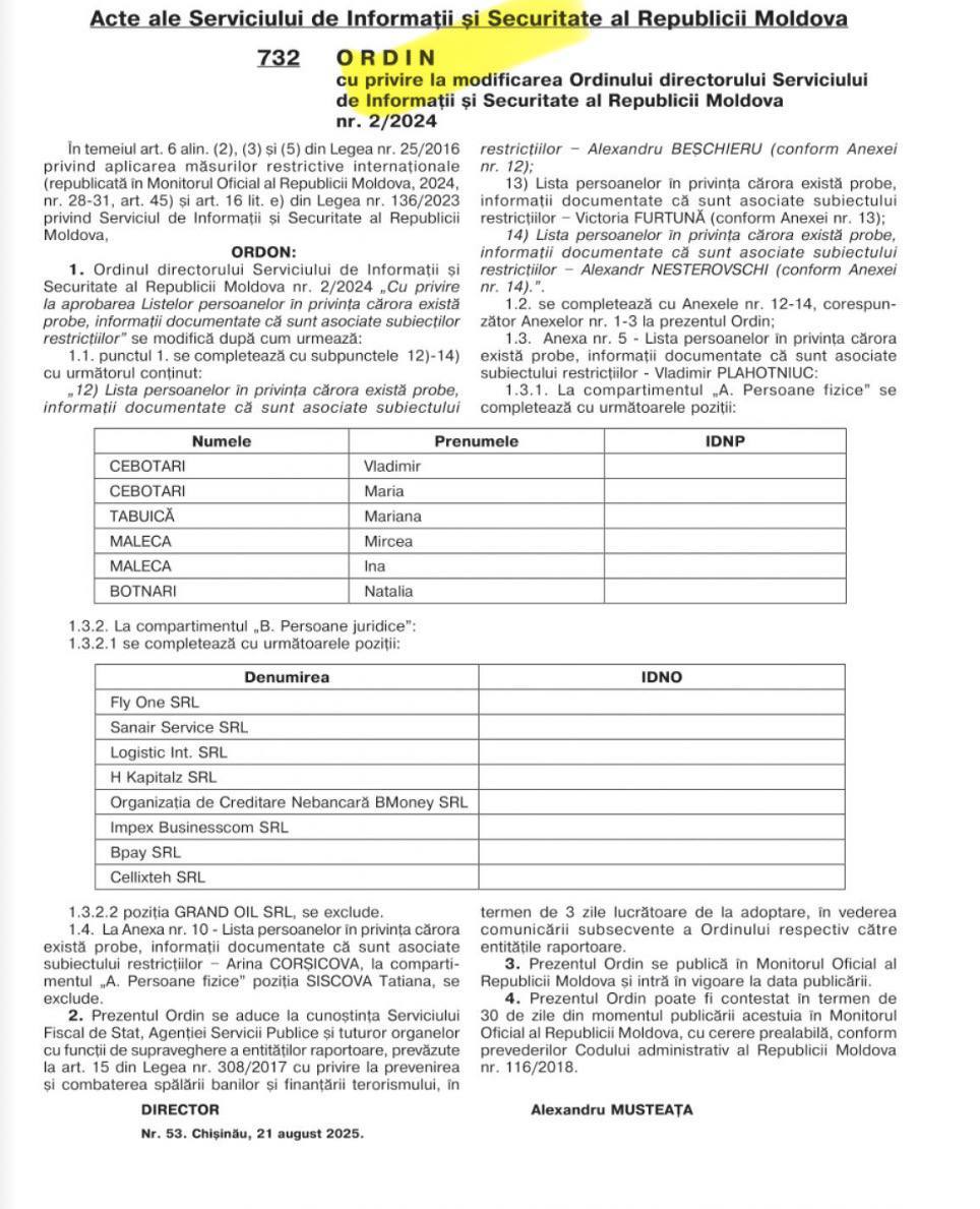 Спустя всего несколько дней после подачи документов в ЦИК один из лидеров Современной демократической партии Молдовы и экс глава Минюста Влад Чеботарь был включён СИБом в список лиц связанных с Владимиром Плахотнюком Теперь он ограничен в нескольких гражданских правах Приказ директора СИБ был опубликован сегодня в Monitorul Oficial Предвыборное шоу продолжается
