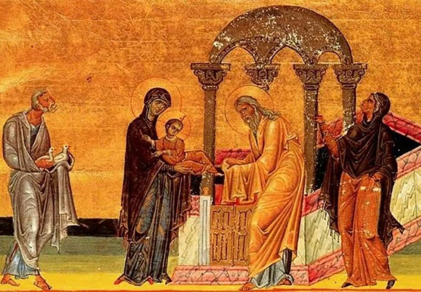 15 февраля Сретение Господне Праздник Сретения Господа Бога и Спаса нашего Иисуса Христа относиться к непереходящим великим двунадесятым церковным праздникам На 40 й день после рождения Иисуса Христа Дева Мария и Иосиф Обручник пришли с младенцем в храм чтобы принести благодарственную жертву Богу как это было предписано в Ветхом Завете По традиции нужно было пожертвовать ягненка и голубку но если семья была небогатая то можно было принести двух голубок Именно такую жертву и принесли Дева Мария и ее супруг В храме их встретил праведный старец Симеон которому было предсказано что его земная жизнь не закончится пока тот не увидит Спасителя рожденного от Девы Тут же присутствовала и пророчица Анна которая узнала во младенце будущего Мессию Сретение слово происходит от греческогоὙπαπαντή и означает встреча младенца Иисуса и старца Симеона Богоприимца и осмысляется церковью как встреча Нового и Старого Заветов