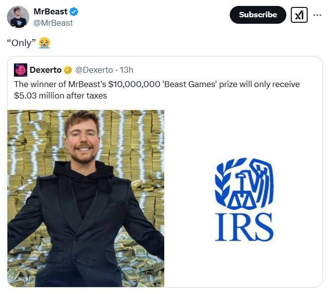 Вчера завершилось реалити-шоу Beast Games, став самым просматриваемым проектом на Amazon Prime Video. Победитель получил и ютубера безумные 10 миллионов долларов, но есть небольшое НО…  Истинным победителем Beast Games налоговая служба США — она получит $4,97 млн от выигрыша. Да, почти половина уйдет на налоги, вот такой вот анекдот.   первое впечатление
