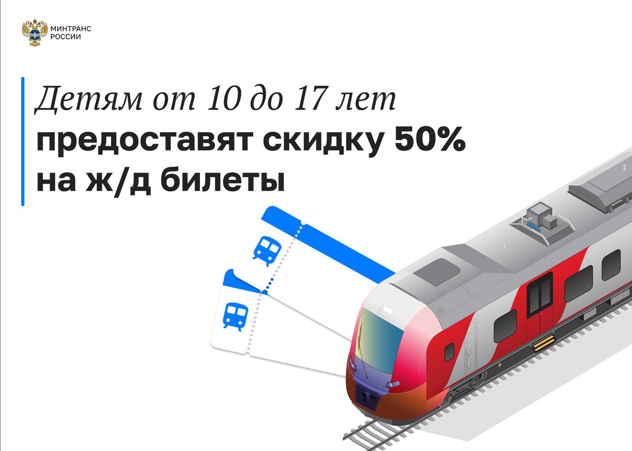 Скидка 50% на проезд ж/д транспортом для детей прорабатывается в РФ   Соответствующий проект постановления Правительства подготовил Минтранс. Инициатива позволит повысить адресную поддержку семей с детьми.  Сейчас льгота для детей от 10 до 17 лет включительно действует только для учащихся очной формы обучения общеобразовательных учреждений в период с сентября по май. Также для поездки в поезде детям необходимо предъявлять справку из школы.    Документ предлагает расширить поддержку на весь год. Скидка при этом будет предоставляться детям – гражданам РФ от 10 до 17 лет включительно в размере 50% на проезд в плацкартных и общих вагонах, а также в двухэтажных вагонах с четырехместными купе.   Также не будет требоваться справка из учебных заведений о нахождении ребенка на очном обучении.     Равные права на льготу предусмотрены вне зависимости от формы получения образования.   Льгота будет доступна не только школьникам, но и детям, находящимся на семейном образовании, самообразовании, в том числе по состоянию здоровья и иным причинам, по которым получение справки из школы может быть недоступно, а также студентам училищ, колледжей, техникумов и институтов.  #законодательство