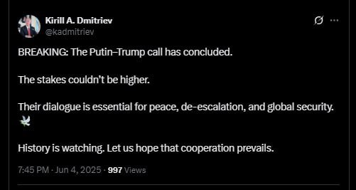 Диалог Путина и Трампа важен для мира, деэскалации и глобальной безопасности, заявил Кирилл Дмитриев после разговора лидеров России и США. Песков подтвердил, что Путин и Трамп провели телефонные переговоры.