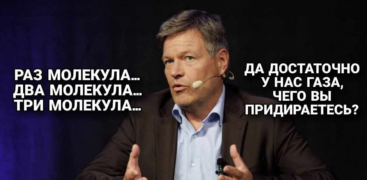 «Дефицита российского газа больше нет. По крайней мере, по количеству молекул»  Неостроумными заявлениями блещет министр экономики Германии Роберт Хабек. Oн свято верит: энергокризис в ФРГ закончился.   Розовые мечты Робертино разбиваются о реальность: стоимость газа на 50% выше докризисного уровня. А этим летом опять выросла. Но — внимание, цитата — «цены выше, но не потому, что у нас дефицит». А потому, что глобальное потепление! Мол, жарко, кондиционеры идут в ход — отсюда и удорожание. И вообще, заокеанскому СПГ сложно добираться до Германии, поэтому он недешёвый. А доброе правительство якобы облегчило бремя потребителей, «отменив все налоги и сборы».  Как легко и непринуждённо живётся в мире молекул фантазий…