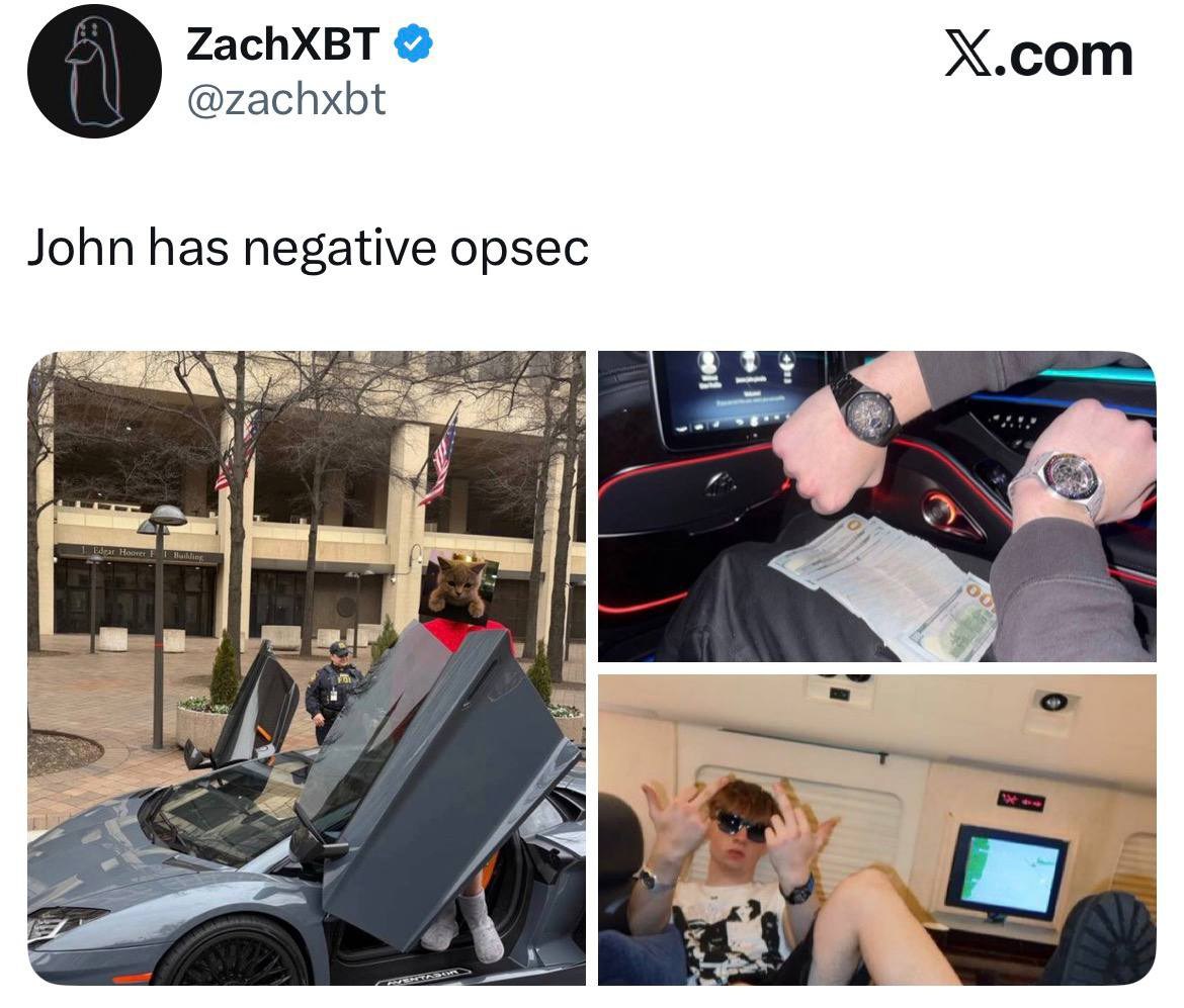 Кража криптовалюты на сумму 40 млн с кошельков подконтрольных властям США связана с Джоном Дагитой сыном главы компании подрядчика по хранению конфискованных монет криптодетектив ZachXBT Личность Дагиты удалось установить после его публичного спора в Telegram о том у кого больше криптовалюты в ходе которого он выложил видео с переводом 23 млн между своими кошельками Проверив адреса кошельков с видео ZachXBT установил их связь с кражами на общую сумму более 90 млн Из этой суммы около 40 млн были похищены из конфискованных криптоактивов правительства США а остальные активы украдены у частных лиц в период с ноября по декабрь 2025 года У Джона полный провал с цифровой гигиеной прокомментировал ZachXBT опубликовав фотографии из соцсетей на которых Дагита позирует с пачками наличных долларов в люксовых автомобилях Согласно расследованию ZachXBT Дагита является сыном владельца компании Command Services Support CMDSS которая в 2024 году получила контракт от Службы федеральных маршалов США на управление конфискованными криптоактивами banksta