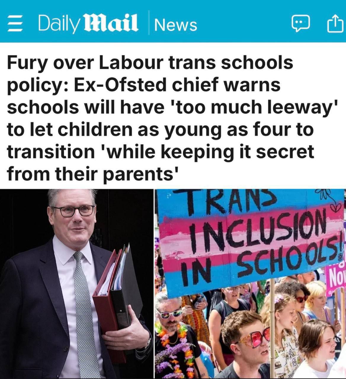 Ярость по поводу политики лейбористов в отношении трансшкол В Британии разрешат детям с четырех лет менять пол Британское министерство образования представило новые рекомендации для школ по работе с детьми сомневающимися в своей половой принадлежности которые допускают возможность полной социальной трансформации для учащихся начальной школы включая детей в возрасте от четырех лет Согласно этим рекомендациям учителя и учащиеся смогут называть детей другими местоимениями которые не соответствуют их полу но отражают их гендерную идентичность То есть к девочке смогут обращаться он к мальчику она Ранее в начальной школе это было запрещено Консервативная партия Великобритании подвергла решение лейбористского правительства критике