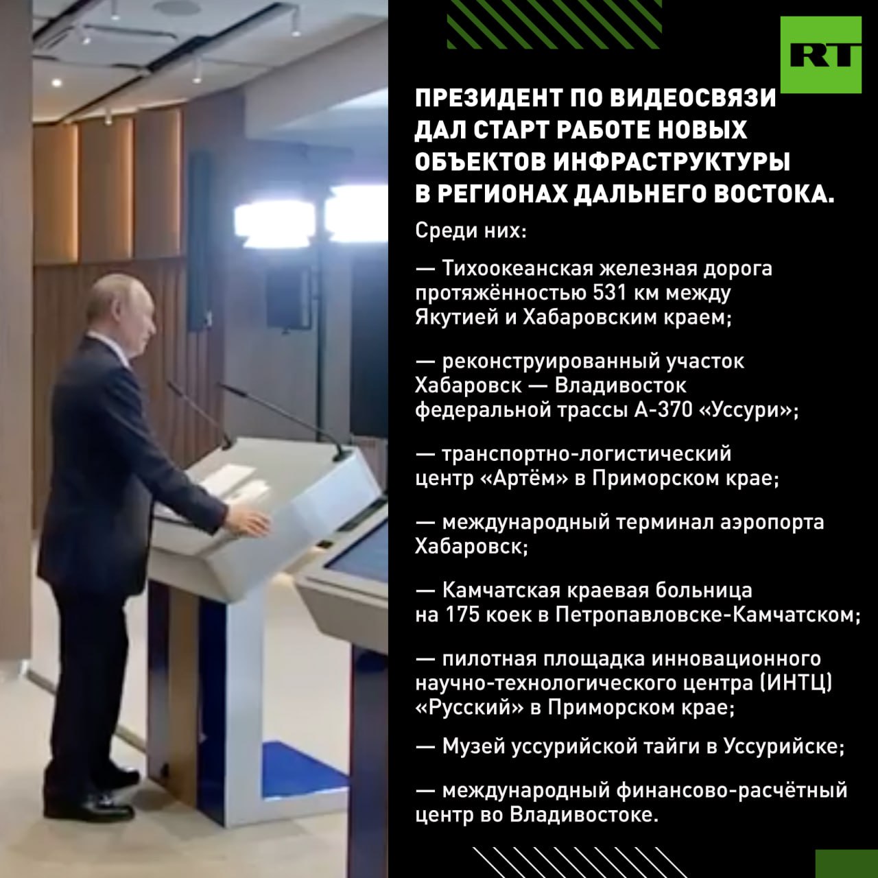 Путин запустил работу международного терминала аэропорта Хабаровск Также дан старт работе Тихоокеанской железной дороги между Якутией и Хабаровским краем Музея тайги в Уссурийске и ещё ряда объектов Подписаться на RT ТГ Зеркало MAX