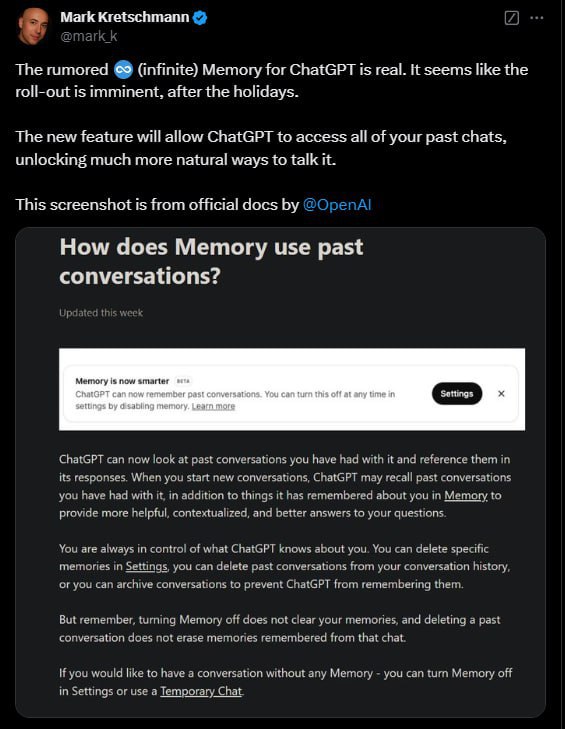 OpenAI обещает перевернуть игру: ChatGPT, по слухам, в следующем году научится запоминать ВСЕ ваши диалоги  Представьте, ИИ, который знает ваши интересы, понимает запросы и всегда адаптируется под вас  Такой персональный подход — это уже не просто чат, а настоящий цифровой напарник как Джарвис из Железного человека