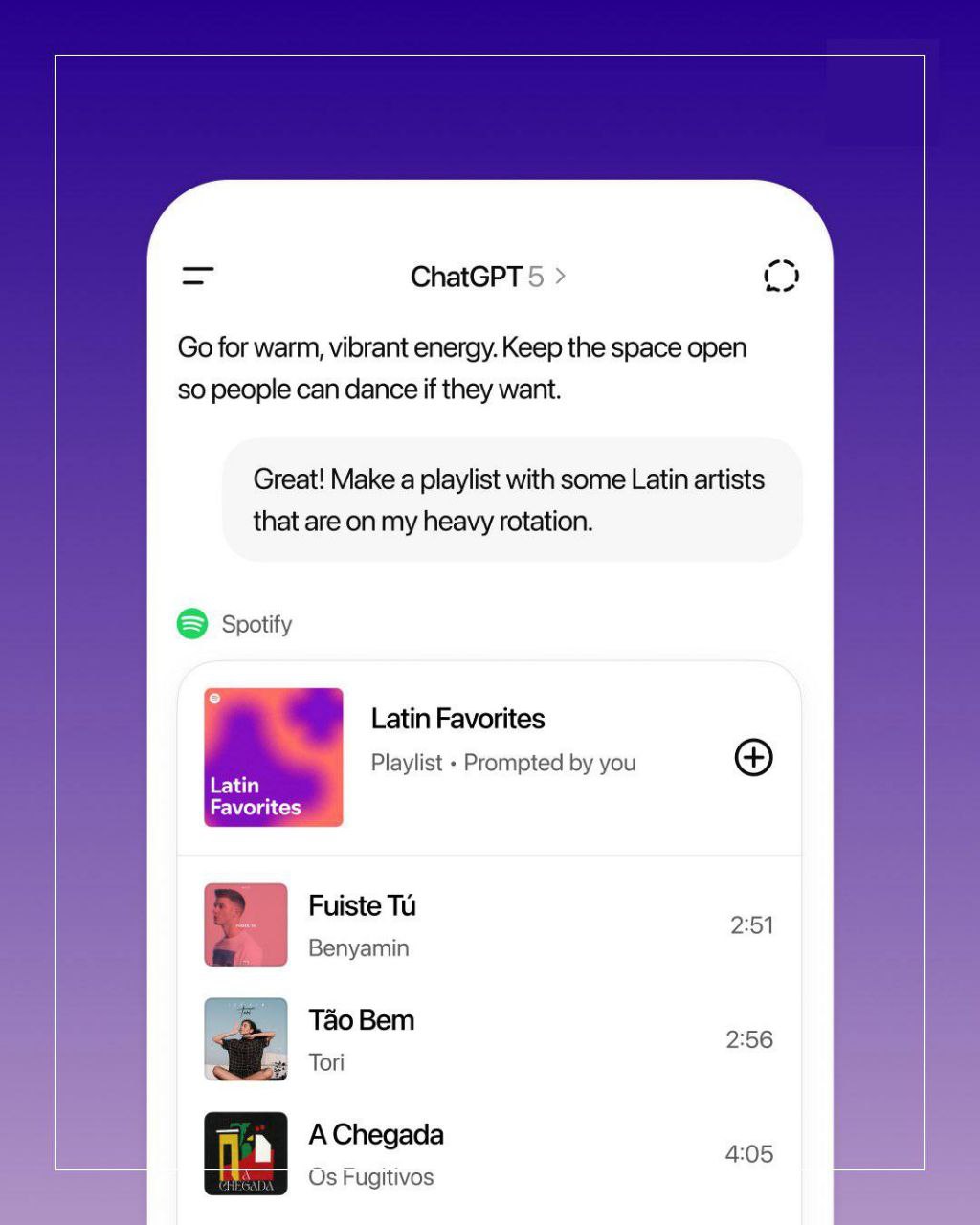 Spotify объявили о сотрудничестве с ChatGPT Теперь вы сможете составить плейлист под любой повод ситуацию и даже праздник Всё это будет прямо через ChatGPT с готовыми рекомендациями и ссылками на Spotify Кстати у Spotify уже давно есть фича ИИ плейлистов с примерно теми же функциями Правда сейчас она работает на базе другой модели и прямо в приложении стриминга Хочешь составлю тебе плейлист чтобы поднять настроение после уплаты налогов за третий квартал