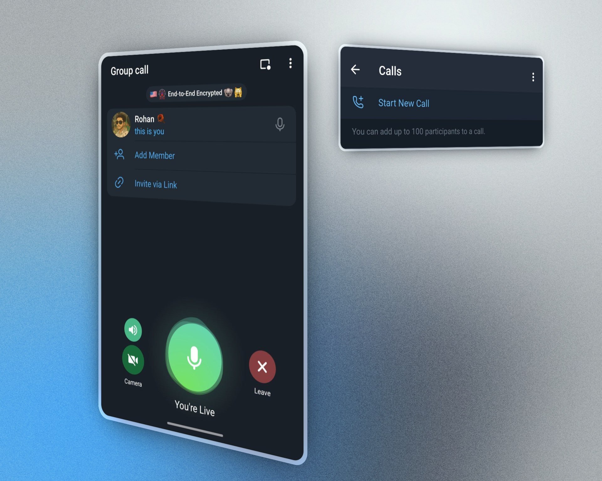 Групповые звонки с E2E-шифрованием Бета-версия Telegram для Android 11.9.1 получила групповые звонки с E2E-шифрованием. Создать звонок можно через: «Звонки › Start New Call», где по ссылке можно пригласить и других участников. Участники могут включать камеру, микрофон, добавлять людей и сворачивать звонок, продолжая использовать приложение, точно в такой же аналогии как и с голосовыми чатами.