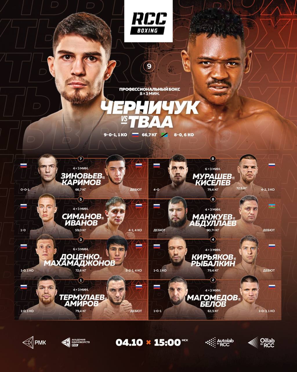 Где смотреть Вечер бокса от RCC Boxing Сегодня на ринг Академии единоборств РМК выйдут молодые таланты и опытные бойцы а зрителей ждут 9 зрелищных поединков Главное событие вечера битва скоростного Максима Черничука 9 0 1 1 KO и обладателя стальных кулаков Абдаллы Тваа 8 0 6 KOs из Танзании  Смотри прямую с 15 00 мск на сервисе VK Видео и на канале Матч Страна