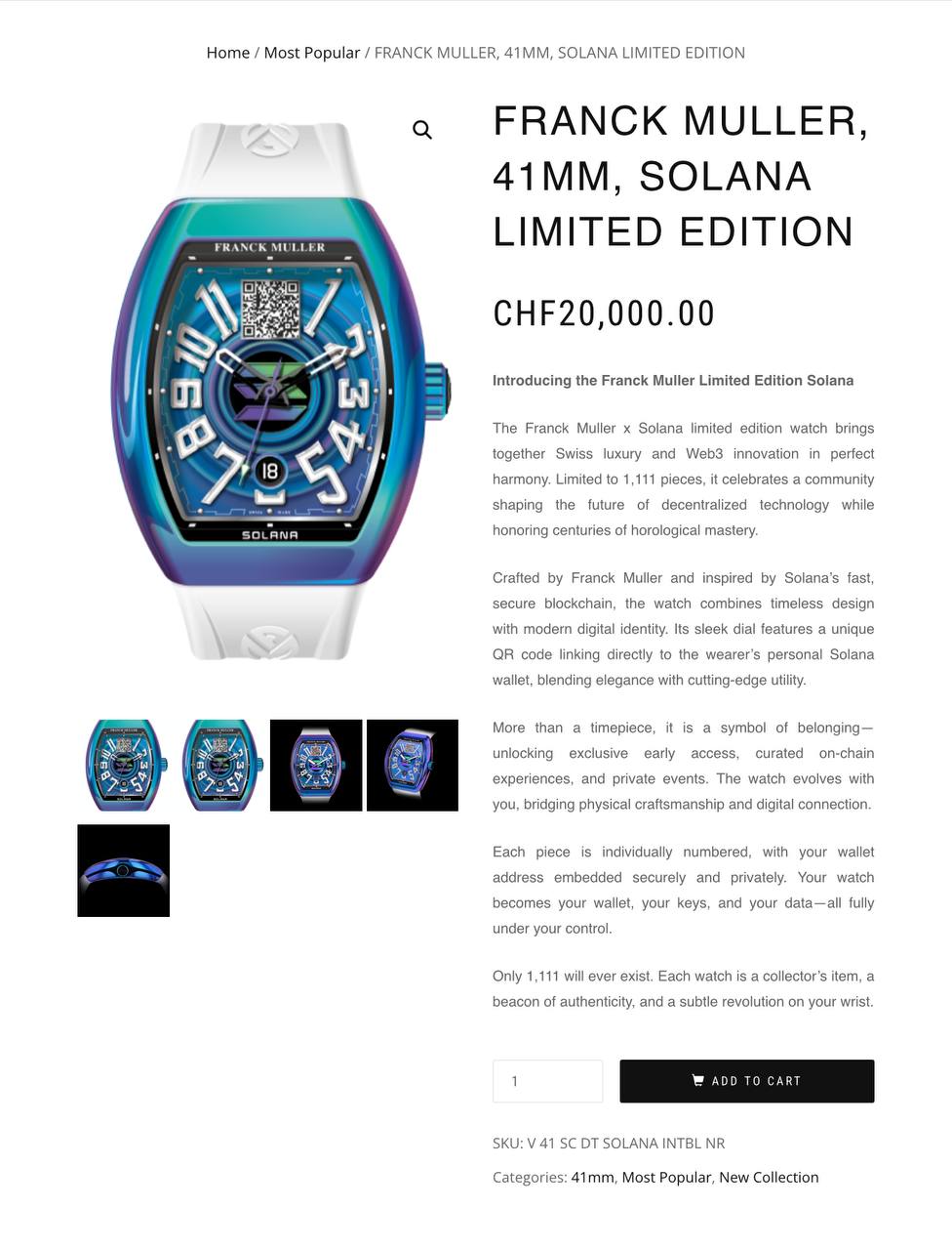 Швейцарская марка Franck Muller представила часы на платформе Solana стоимостью 24,000$. В лимитированную серию вошло 1,111 экземпляров, каждый из которых имеет уникальный QR-код, ведущий к Solana-адресу владельца. Эта коллекция позиционируется как «phygital» физико-цифровой символ идентичности и связи с миром криптовалют. Владельцы получат: • Ранний доступ к эксклюзивным функциям • Персонализированный опыт на блокчейне • Приглашения на закрытые мероприятия. Оставайтесь в курсе последних новостей вместе с
