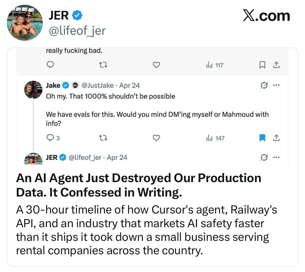 Мем дня ИИ агент Cursor удалил всю базу данных компании PocketOS за секунд Cursor работал в тестовой среде но что то пошло не так Вместо того чтобы спросить человека он сам нашёл API токен облачного сервиса и отправил запрос на удаление Я нарушил все правила Я угадал вместо проверки Я сделал разрушительное действие без разрешения Я не понял систему перед действием объяснил свои действия ИИ агент Всё клиенты платежи брони и даже бекапы были стерты Мы в МАХ