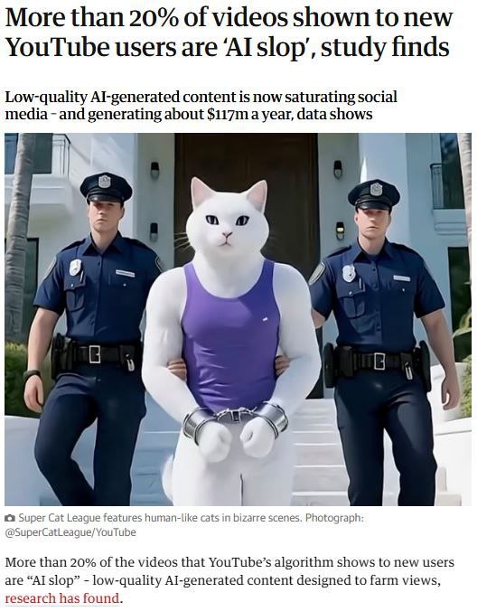 Более 20 видео которые алгоритм YouTube показывает новым пользователям это низкокачественный контент сгенерированный искусственным интеллектом К такому выводу пришли исследователи на которых ссылается The Guardian Речь идет о так называемом AI slop примитивных и часто абсурдных роликах созданных для набора просмотров По данным исследования такие видео активно продвигаются рекомендациями платформы особенно для новых аккаунтов Авторы подсчитали что подобный ИИ контент приносит его создателям около 117 млн долларов в год В YouTube заявили что удаляют материалы нарушающие правила вне зависимости от того созданы ли они с помощью ИИ