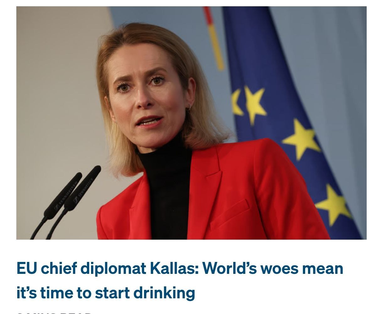 Хороший момент чтобы начать пить Такую оценку ситуацию в мире дала глава дипломатии ЕС Кая Каллас Об этом сообщили Politico два человека присутствовавшие на частной беседе с Каллас в стенах Европарламента По их словам Каллас отметила что обычно не употребляет алкоголь но текущие глобальные события заставляют задуматься об этом Разговор произошел на фоне встречи министров иностранных дел Гренландии и Дании с вице президентом США Вэнсом и госсекретарем Рубио где обсуждались заявления Трампа о возможном захвате острова