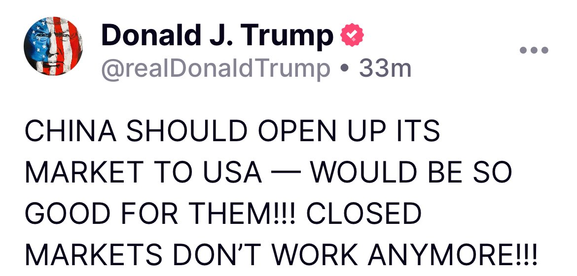 США. "Эй, баргузин, поворачивай вал" Трамп судорожно разворачивает баркас "Грозящий" на 180. Дональд оголосил окрестности воплем: "Китай должен открыть свой рынок для США - это было бы так хорошо для них!!! Закрытые рынки больше не работают!!!" ощущение, что у жертвы солярия свистанула фляга...