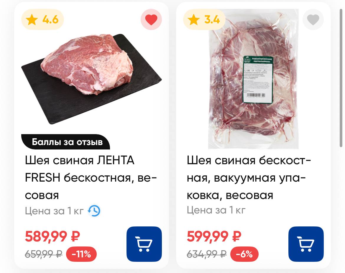 Свинина дорожает опережающими темпами «К 6 июля 2025 года средняя оптовая стоимость свиной полутуши составила 215 руб. за 1 кг, что больше на 30% в сравнении год к году. Также за этот период подорожал, например, окорок — на 19%, до 292 руб. за 1 кг, карбонад — на 12%, до 320 руб. за 1 кг. Снижение цены наблюдается только у свиной шеи — на 5% год к году, до 445 руб» Стесняюсь спросить, это в каком таком месте свиную шею продают по цене ниже 500 руб. ??? Можно мне ссылочку? Я оптом возьму Будь в центре событий!