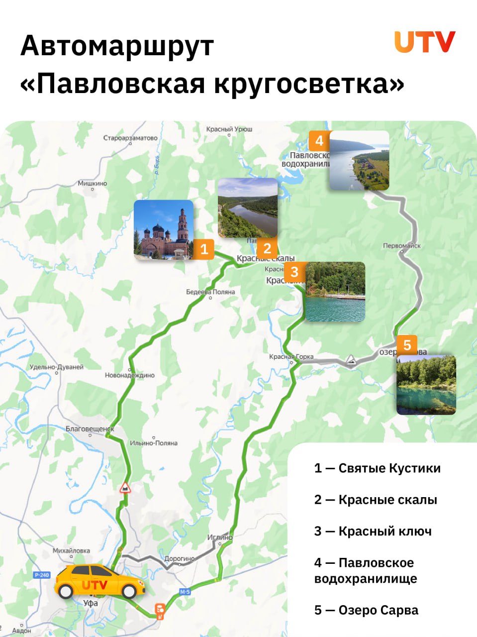 В Башкирии создали новый туристический 350-километровый автомаршрут «Павловская кругосветка» Он начинается с Уфы и включает в себя с Успенского Свято-Георгиевский мужской монастырь, который многим известен как «Святые кустики», Павловское водохранилище, родник Красный Ключ и незамерзающее озеро-родник Сарва. Протяженность кольцевого маршрута составит 350 км — его можно проехать за 9 часов. Он был создан «Роснефтью», «Башнефтью» и министерством предпринимательства и туризма региона.
