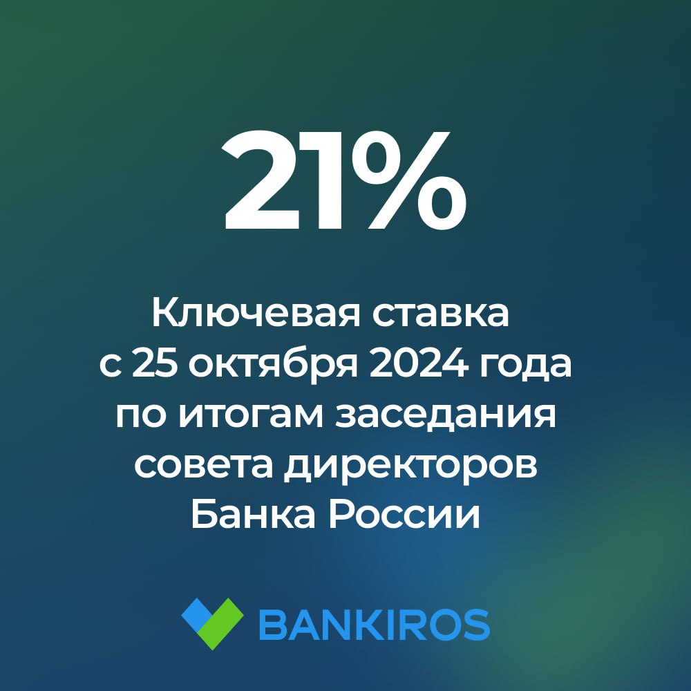 #Ключевая_ставка - 21%. Это исторический максимум  ЦБ повысил ставку на 2%. При этом регулятор прогнозирует среднюю ключевую ставку до конца 2024 года в диапазоне 21-21,3% и допускает еще одно повышение ставки до конца года. Также ЦБ повысил прогноз средней ставки на 2025 год - до 17-20% с 14-16% годовых, а на 2026 год - до 12-13% с 10-11%, а на 2027 года сохранил на уровне 7,5-8,5%.   Следующее заседание  крайнее в этом году  назначено на 20 декабря.   Будь в курсе с Банкирос