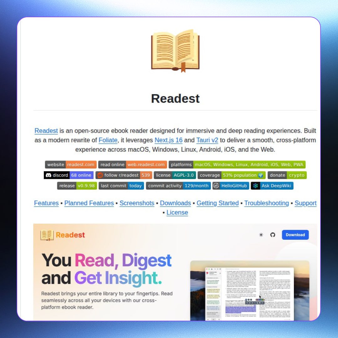 Читаем книги с кайфом вышла лучшая open source читалка для глубокого и иммерсивного чтения Readest Это современный ридер который напичкали крутыми фичами поддерживает EPUB MOBI FB2 CBZ TXT и даже PDF пока экспериментально Есть постраничный и скролл режимы гибкая настройка шрифтов тем и сплит экран для параллельного чтения двух книг Внутри полноценная экосистема аннотации закладки полнотекстовый поиск словари и Wikipedia подсказки перевод через DeepL и Яндекс TTS озвучка и синхронизация прогресса между устройствами Есть управление библиотекой интеграция с OPDS Calibre и подсветка синтаксиса для техдоков Скоро добавят AI саммари книг статистику чтения синхронизацию с Koreader и поддержку аудиокниг Работает на macOS Windows Linux Android iOS и в вебе Забираем имбу здесь exploitex