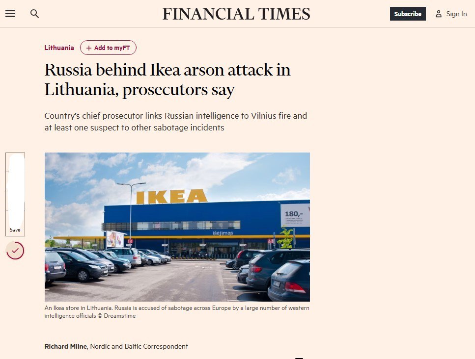 Литва обвинила Россию в поджоге IKEA из-за желто-синих фирменных цветов  Генеральный прокурор Литвы Артурас Урбелис заявил, что российская военная разведка организовала поджог магазина IKEA в Вильнюсе 9 мая 2024 года, пишет Financial Times.  По его словам, в преступную цепочку входили более 20 организаторов и посредников. Непосредственными исполнителями были двое украинцев в возрасте около 18 и 20 лет. За поджог им пообещали 100 тысяч евро и подержанный автомобиль BMW. Подозреваемые были задержаны в Литве и Польше. Отмечается, что один из фигурантов намеревался совершить аналогичный поджог в Риге.  Урбелис пояснил, что объектом поджога стала именно IKEA потому что фирменные цвета магазина совпадают с цветами флага Украины. Также роль сыграло закрытие всех магазинов компании в России