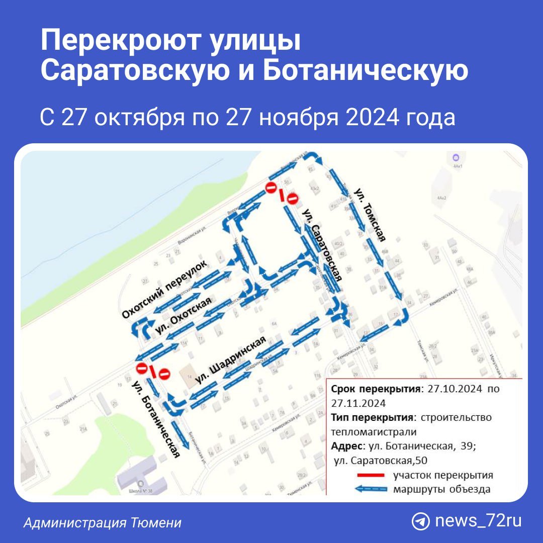 Из-за строительства тепломагистрали на ДОКе на месяц перекроют дороги:   ул. Саратовскую в районе дома № 50;  ул. Ботаническую в районе пересечения с Охотской.  Срок перекрытия: с 27 октября по 27 ноября.