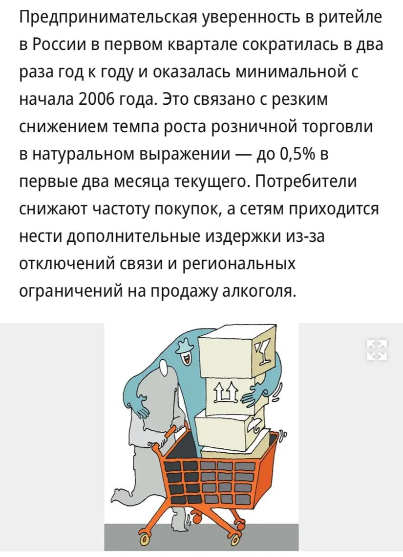 Предпринимательская уверенность в российском ритейле в первом квартале сократилась в два раза год к году и оказалась минимальной с начала 2006 года сообщает Коммерсантъ Если в 2024 году оборот розничной торговли в натуральном выражении вырос на 7 7 год к году то в 2025 году всего на 2 6 В январе феврале показатель снизился до 0 5 Основные причины сокращение покупательной способности населения региональные ограничения на продажу алкоголя и перебои с работой интернета