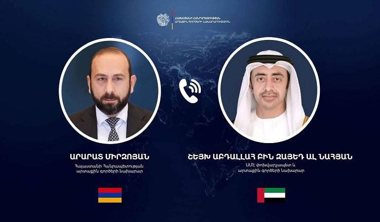 20 мая министр иностранных дел Армении Арарат Мирзоян провел телефонный разговор с заместителем премьер-министра, министром иностранных дел ОАЭ шейхом Абдаллой бин Заидом Аль Нахайяном. Собеседники обсудили шаги, предпринимаемые для укрепления политического диалога на высоком уровне и расширения двустороннего партнерства. Министр Мирзоян подчеркнул значительный потенциал развития сотрудничества между Арменией и ОАЭ, а также представил видение армянской стороны по его реализации. Были затронуты предстоящие программы. Министры иностранных дел Армении и ОАЭ обсудили процесс нормализации отношений между Арменией и Азербайджаном. В этом контексте министр Мирзоян представил последние развития, подчеркнув важность заключения мирного договора между Арменией и Азербайджаном в контексте достижения мира в регионе.