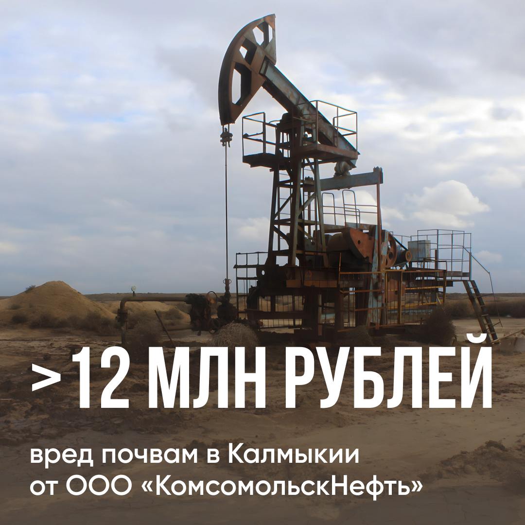 ООО «КомсомольскНефть» занимается разведкой и добычей полезных ископаемых в Республике Калмыкия.   Предприятие допустило разлив нефтепродуктов на участке площадью 580 кв. м. В отобранных пробах обнаружены превышения ПДК загрязняющих веществ.   Специалисты Службы рассчитали ущерб почвам, причиненный по вине ООО «КомсомольскНефть»: более 12,4 млн рублей. Возмещать вред добровольно компания отказалась, выплатить сумму в полном объеме юрлицо обязал суд.