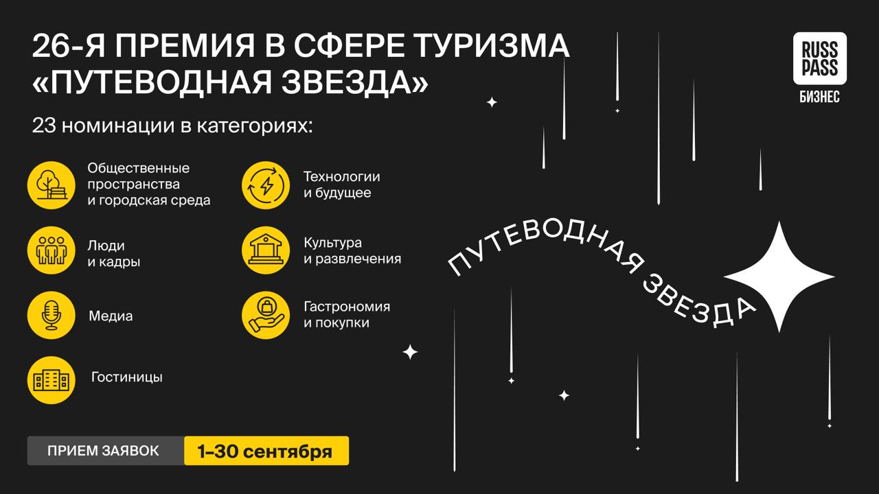 В прошлом году на сцене премии Путеводная звезда блистали проекты которые уже успели стать любимыми у москвичей и гостей города Например ресторан Горыныч на Цветном бульваре победил в народном голосовании сразу в двух номинациях Московский завтрак и Модная гастрономия Лучшими отелями были признаны Арарат Парк Хаятт Москва Novotel Москва Киевская и Ибис Москва Павелецкая А в категории Московские впечатления для детей лидером стал Союзмультпарк   В этом сезоне можно повторить успех прошлогодних проектов конкурс вновь открыт для участников Заявки принимаются до 30 сентября Доступно 23 номинации от технологий и кадров до гастрономии культуры и транспортных сервисов   Стать претендентами на премию могут отели рестораны туристические блогеры организаторы фестивалей и выставок архитектурные и культурные пространства транспортные компании и многие другие Победителей определят профессионалы индустрии и потребители а в декабре на торжественной церемонии лучшие получат заслуженное признание Москва Мостуризм Анонс