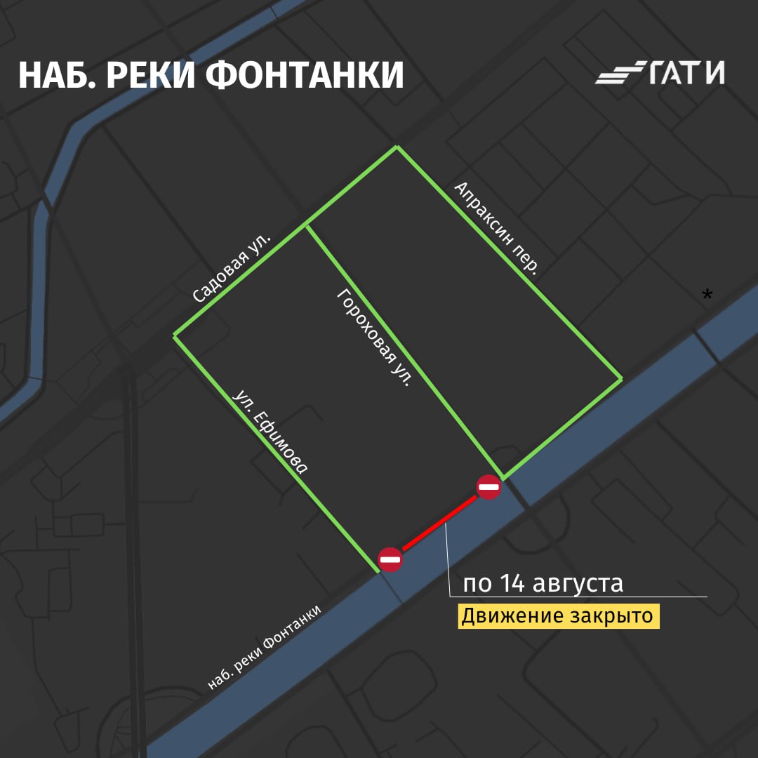 Из-за аварийных работ закрыто движение на участке набережной реки Фонтанки от улицы Ефимова до Гороховой улицы. Там ремонтируют газопровод. Объезд закрытого участка возможен по Садовой улице и Апраксину переулку. Планируемый срок завершения работ — 14 августа. Схема: Telegram-канал ГАТИ