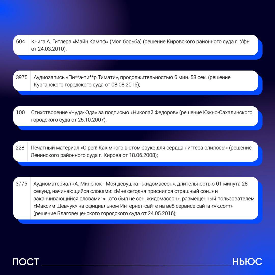 Мы изучили реестр экстремистских материалов от Минюста, за поиск которых теперь будут штрафовать. В списке — более 5 тыс. позиций. От текстов фашистов до странных плакатов, песен и брошюр главное — не гуглите это . Собрали для вас несколько примеров А полный список здесь. PostNews — здесь объясняют новости