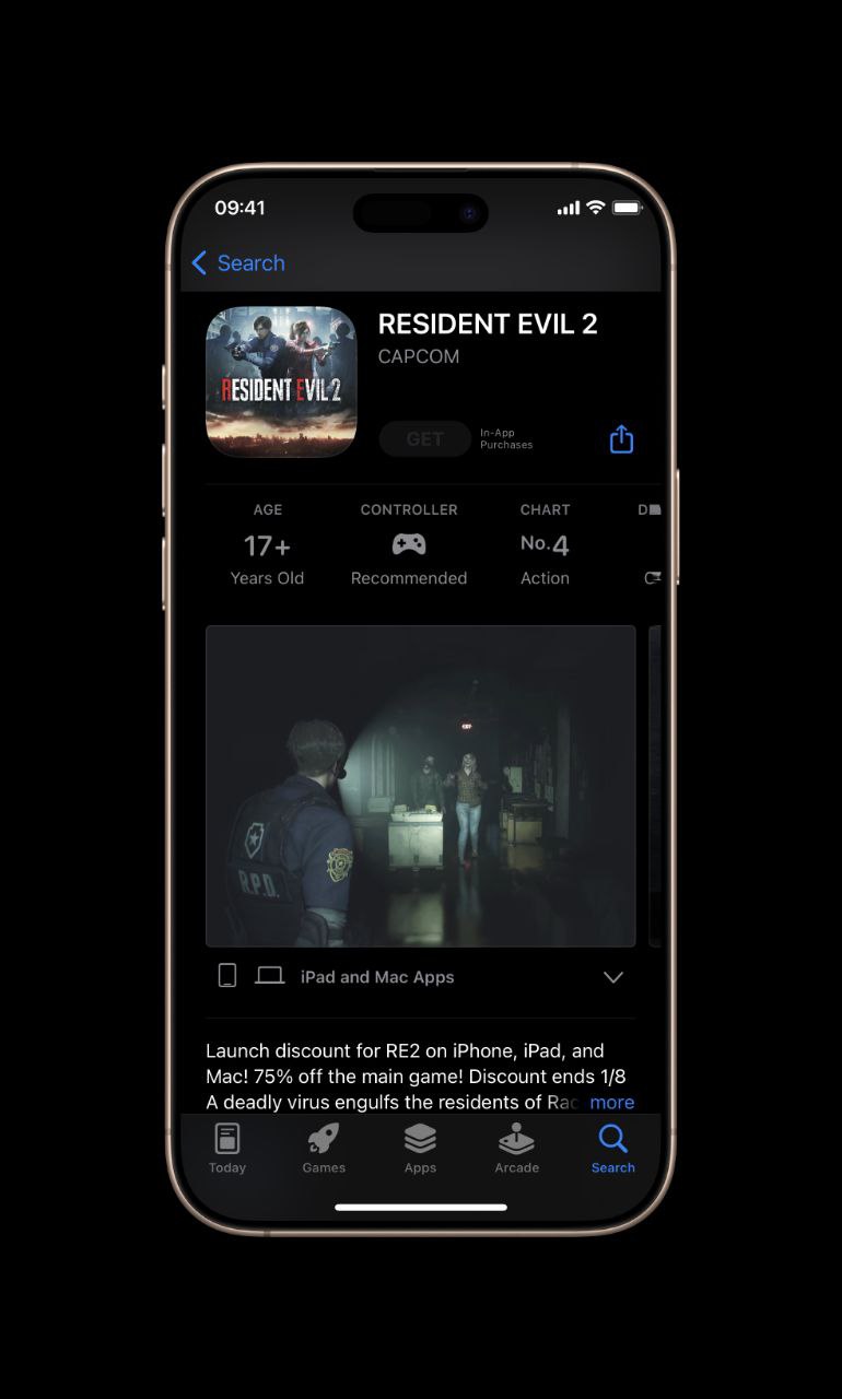 Resident Evil 2 Remake вышел на iOS  А ещё на iPadOS и macOS. В ремейке культовой игры как обычно подтянули графику и геймплей.  В честь выхода CAPCOM предлагает игру со скидкой 75%, всего за 715 рублей, до 8 января.  Размер игры может озадачить — примерно 25 ГБ, но для пробной версии нужно скачать около 10,5 ГБ. Для запуска всё так же требуется минимум iPhone 15 Pro, а iPad или Mac с чипом от M1.