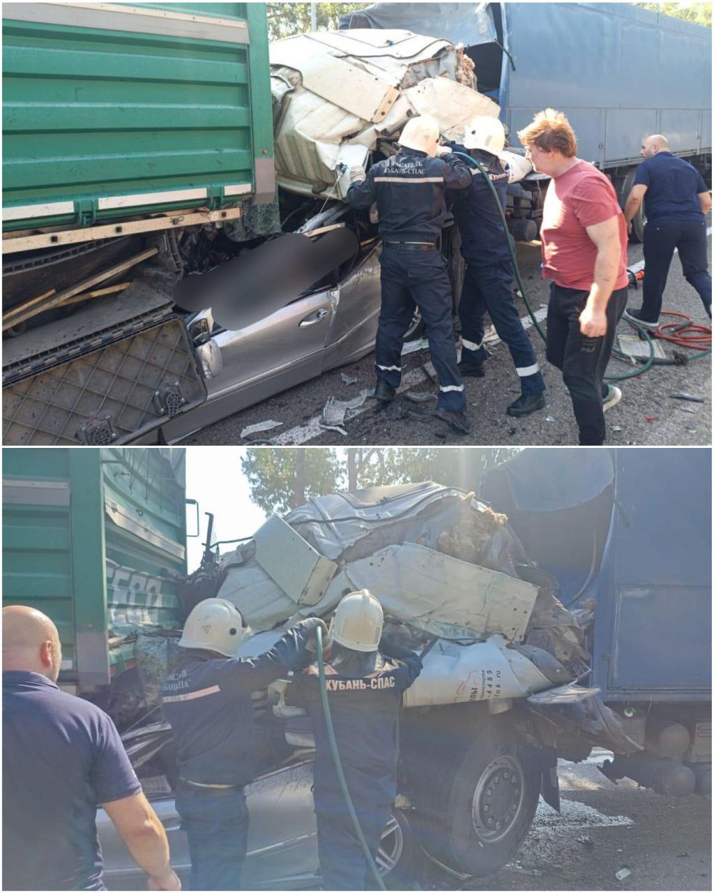 На Кубани в ДТП иномарку зажало между грузовиками, трое человек погибли.  Сегодня около 14:40 в г. Армавире на трассе «Кавказ»водитель «КамАЗа» допустил заднее столкновение с тремя автомобилями: «КамАЗ», «Мерседес» и «КамАЗ», которые стояли перед светофором.  В результате ДТП легковой «Мерседес» оказался зажатым между двумя грузовиками «КамАЗ», погибли водитель и два пассажира иномарки. Виновник ДТП - водитель «КамАЗа» пострадал.    ТК Краснодар   Подписаться