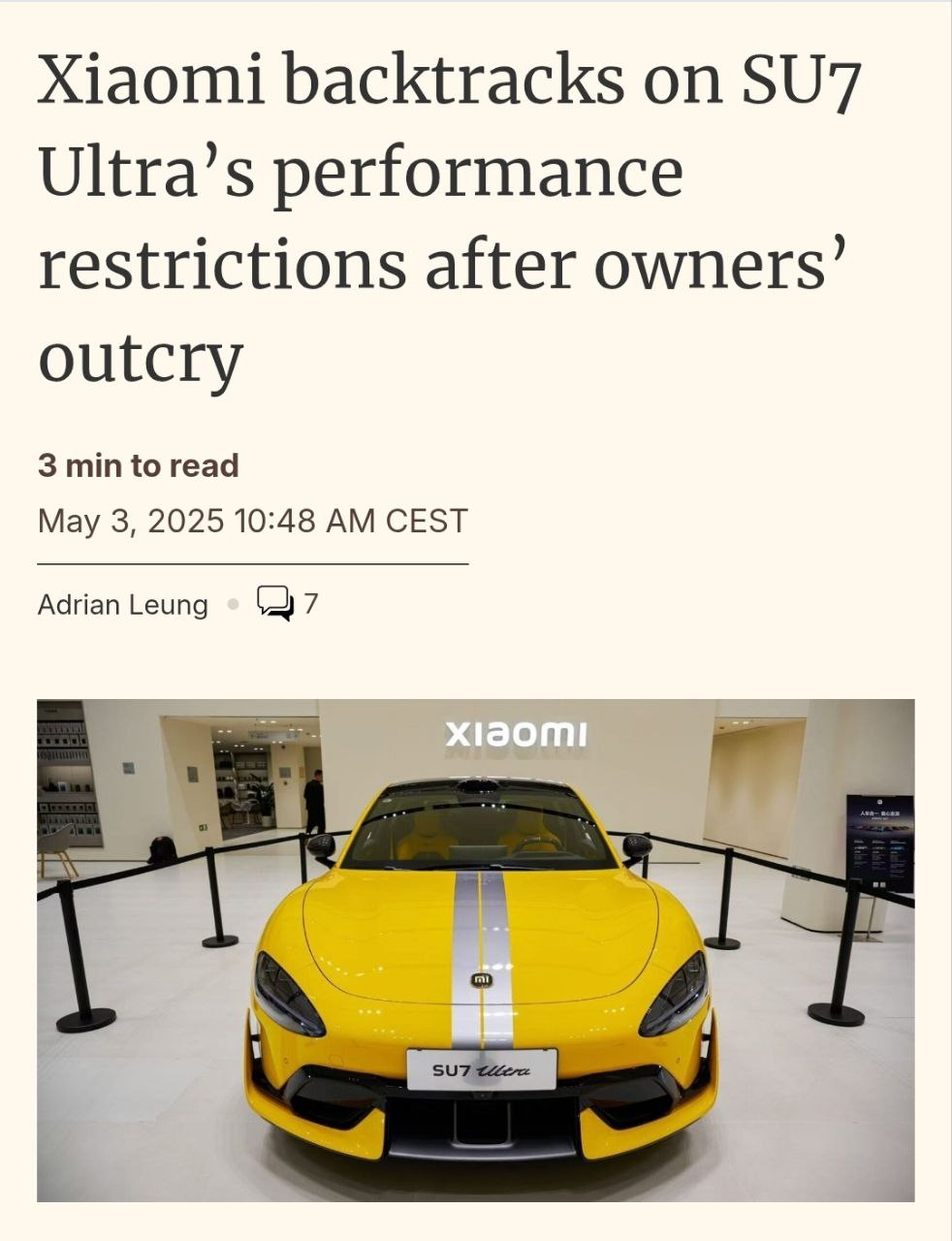 Xiaomi новым обновлением компания снизила мощность двигателя спорткаров SU7 Ultra с 1548 до 900 лошадиных сил. Чтобы вернуть полную мощность, владельцам нужно пройти тест на гоночном треке и поставить специальные шины. Кроме того, Xiaomi ввела задержку разгона в 60 секунд, чтобы автомобили не стартовали как на драг-рейсинге. Владельцы оказались недовольны — они заплатили более $73 000 именно за мощность, динамику и заявленные характеристики. Тем более, что Xiaomi обещала конкурировать с Tesla и Porsche, но в итоге просто урезала возможности спорткара. После массового недовольства Xiaomi вернула прежнюю мощность. Подписывайся на «PRO Бизнес» --------------------------------- YouFast VPN™ Купить крипту AML бот