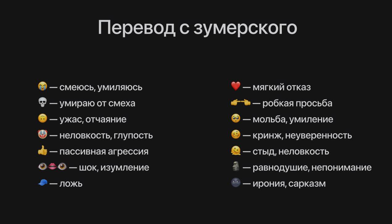 Анекдот дня полиция Австралии решила научить нейронную сеть понимать молодёжный сленг и эмодзи Офицерам стало сложно разобраться в чатах зумеров ведь значения многих символов кардинально поменялись Сделали памятку чтобы чаты не вызывали у вас непонимание Техничка