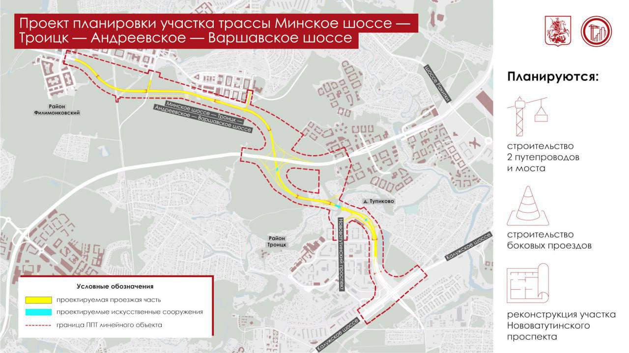 Власти утвердили проект участка трассы Минское шоссе Троицк Андреевское Варшавское шоссе Он рассчитан на три полосы протяженность составит около 6 километров Здесь построят два путепровода и мост через Десну а также реконструируют прилегающие улицы и съезды В перспективе трасса станет частью новой поперечной магистрали ТиНАО которая свяжет Киевское Калужское и Варшавское шоссе Завершить работы планируют к 2029 году   Получи бесплатно iPhone 17 Pro Max
