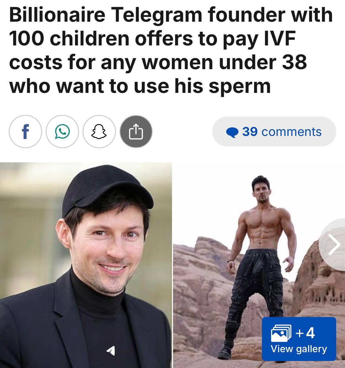 Павел Дуров готов оплачивать ЭКО для всех женщин которые захотят родить от него пишет Daily Mail При этом все рождённые дети после подтверждения родства смогут претендовать на состояние Павла которое оценивается в 17 млрд bankoffo