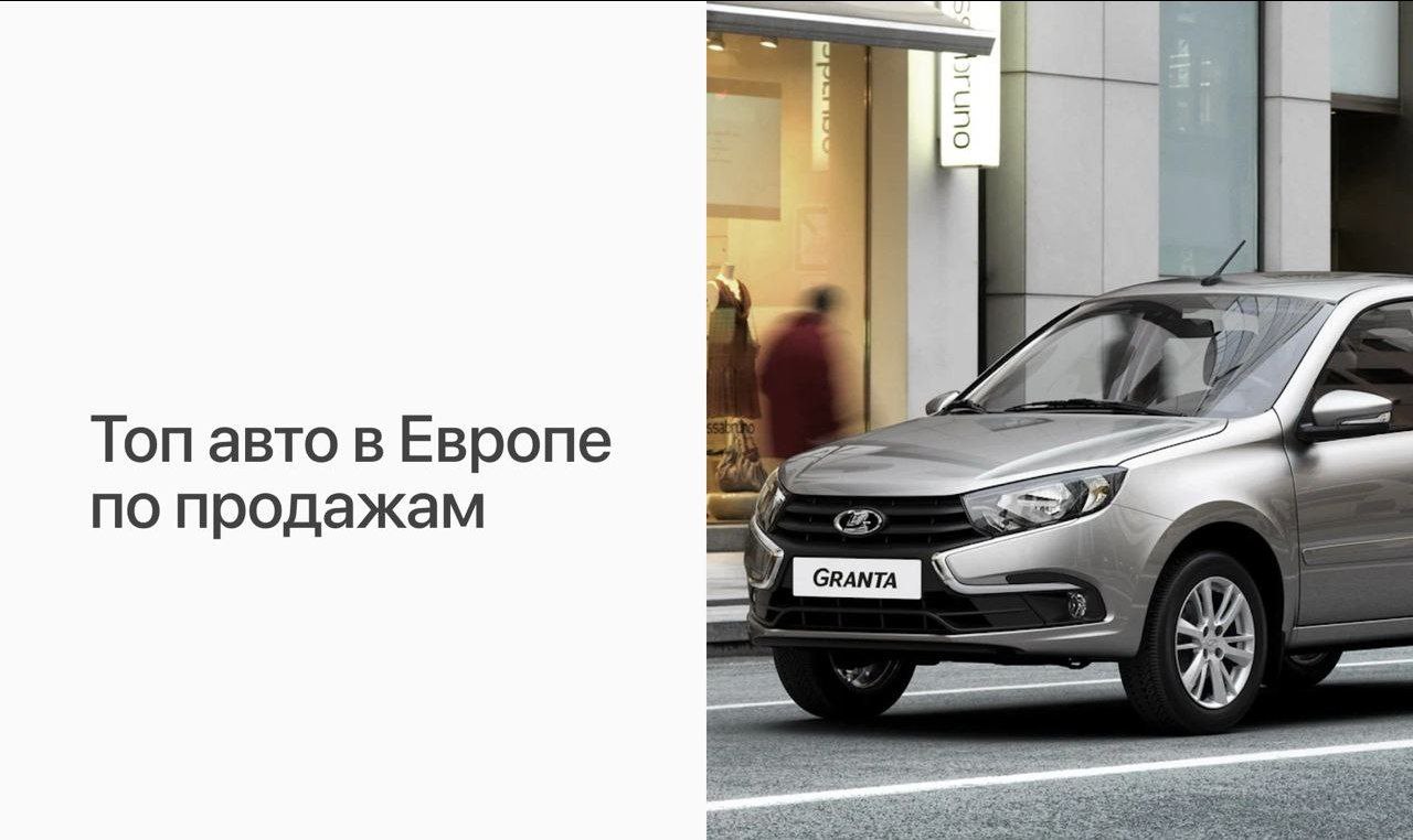 Lada Granta вошла в топ-10 самых продаваемых автомобилей в Европе.   – За последний год АвтоВАЗ смог продать 188,5 тыс. машин; – Даже у Volkswagen Tiguan и Tesla Model Y показатели меньше  186 тыс. и 184 тыс. ; – Лидером стала Dacia Sandero, авто продали 244 тыс. раз. – При этом в рейтинге нет ни одного китайского авто.