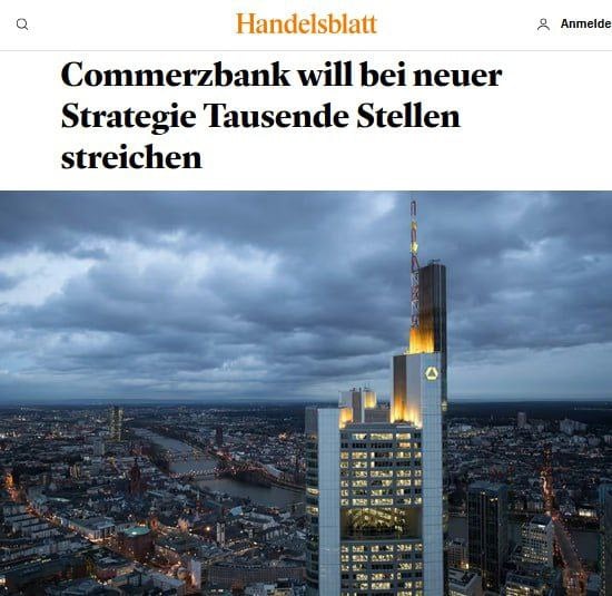 Commerzbank рассматривает возможность масштабного сокращения рабочих мест  Commerzbank хочет стать более эффективным в рамках своей новой стратегии, а также сократить рабочие места, - Handelsblatt   Финансовое учреждение рассматривает возможность сокращения тысяч рабочих мест. В конечном итоге это, вероятно, приведет к сокращению тысяч.   Банк представит свою стратегию 13 февраля.