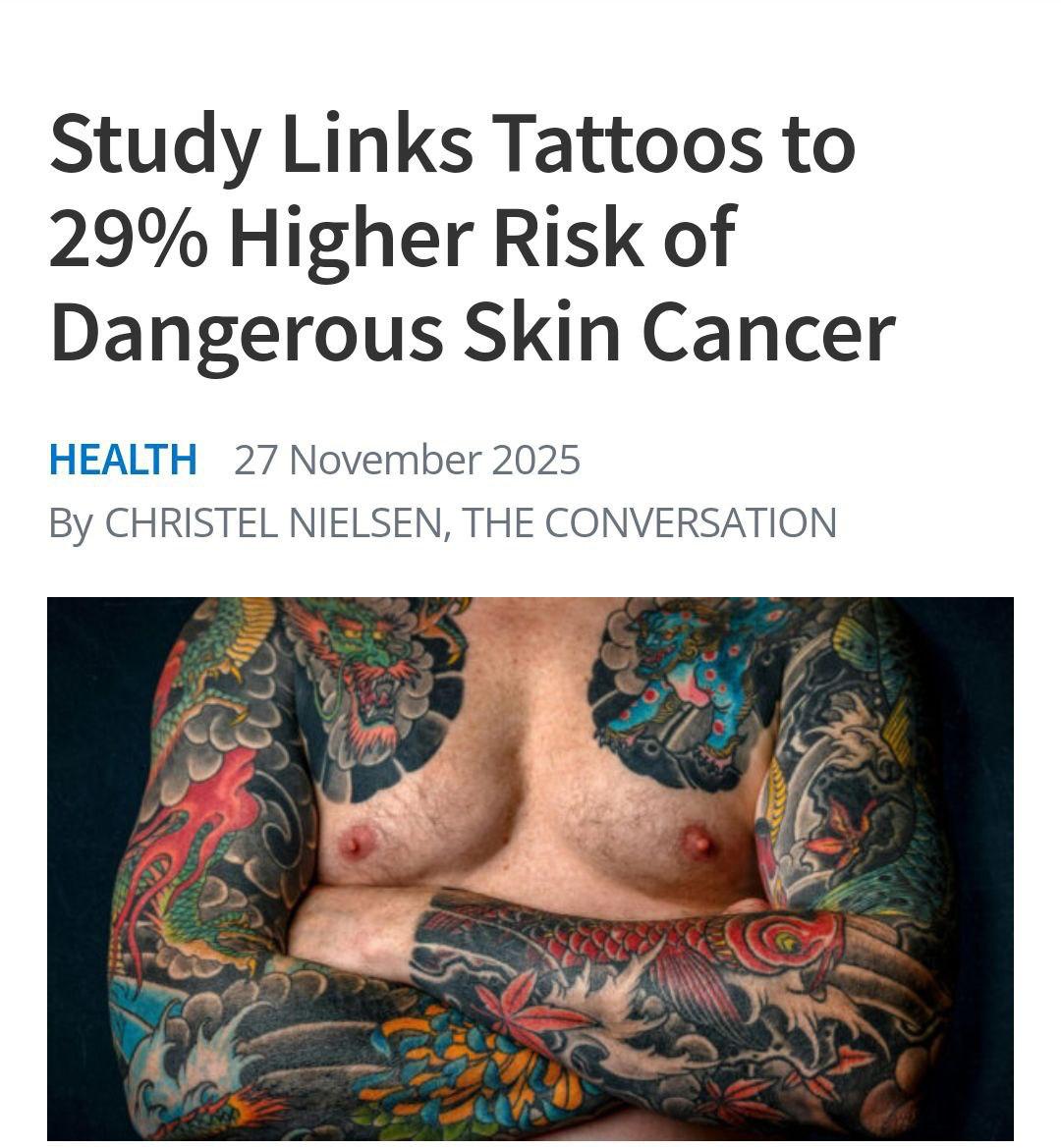 Татуировки повышают риск рака кожи на 29 официально К такому выводу пришли учёные Особенно часто у владельцев тату обнаруживают меланому Максимальный риск у тех кто носит наколки больше 10 лет F татуированным