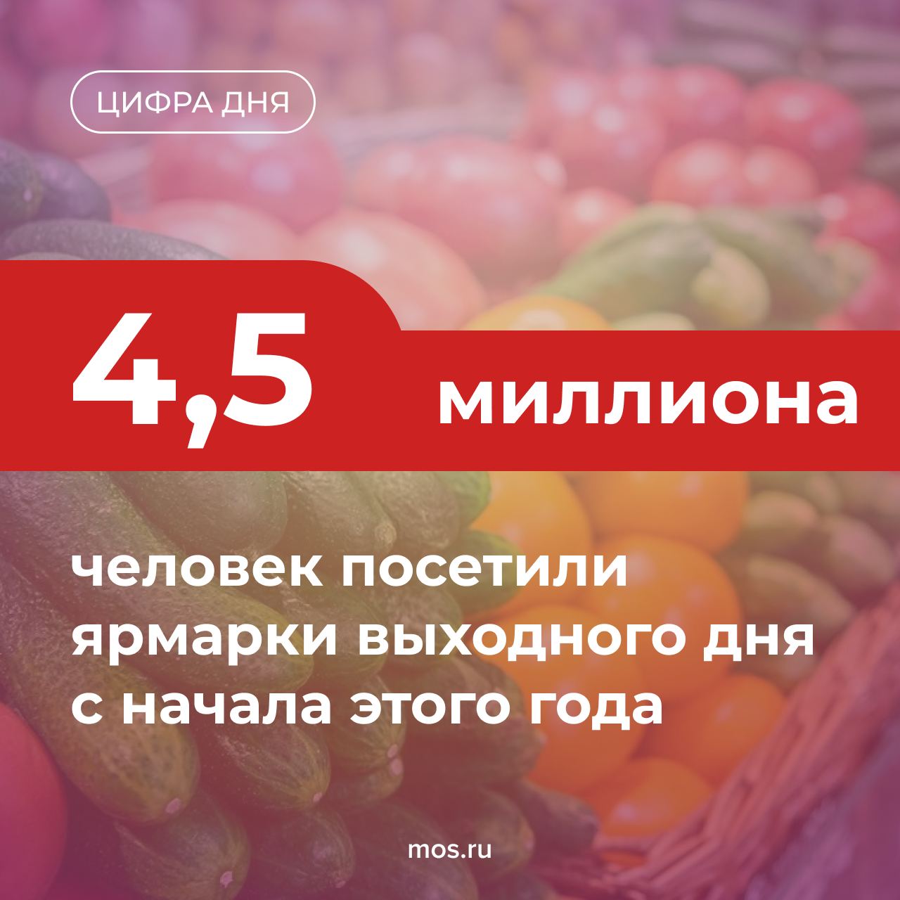 За этот год ярмарки выходного дня посетили уже 4,5 миллиона человек. Фрукты, овощи, мясо, сыр и другие товары привозят сюда фермеры из разных уголков России. На прилавках представлен широкий ассортимент сезонных продуктов. Сейчас там можно найти тыквоцветные, картошку, кукурузу, а также первые соленья.     -канал «Город Москва».